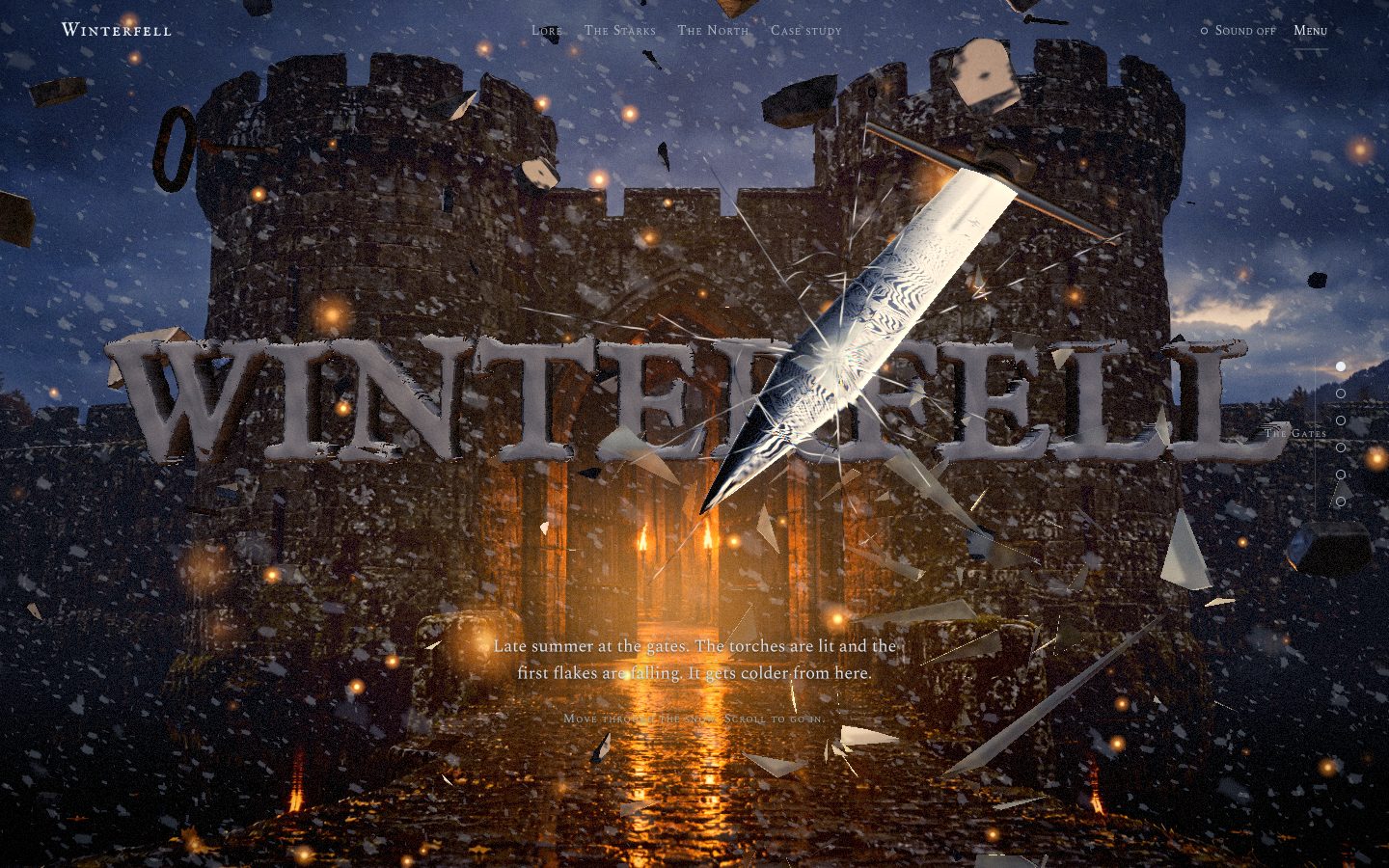 After: the gates of Winterfell at night, WINTERFELL carved in stone in the air before them, the sword through the name and the glass bursting around it.