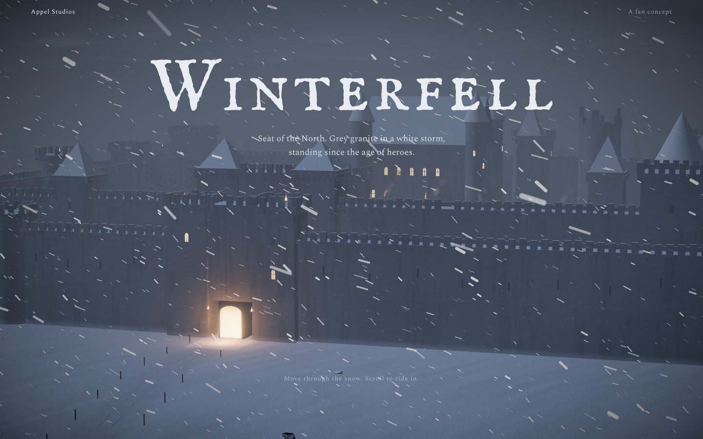 The rejected first version: a low-detail castle of grey procedural blocks on a dark terrain, with a title over it. It reads as a game level, not a photograph.