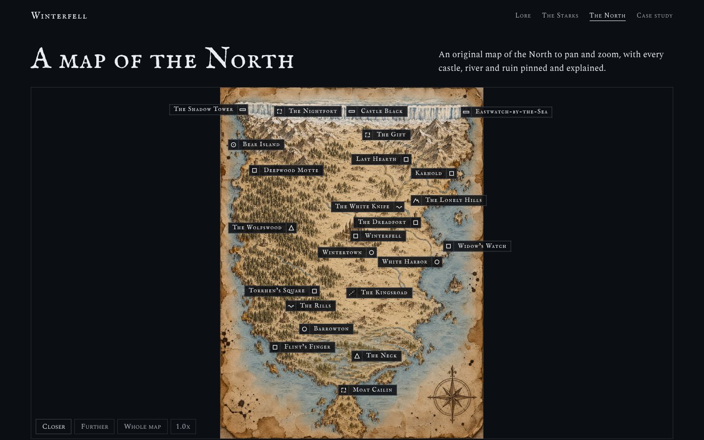 The map of the North: a parchment map with the Wall across the top, Winterfell at the centre, pins and labels.