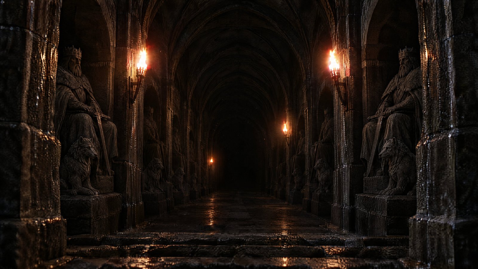 The crypts plate: a vaulted granite passage lit by torches, seated stone kings in alcoves, the far end black.
