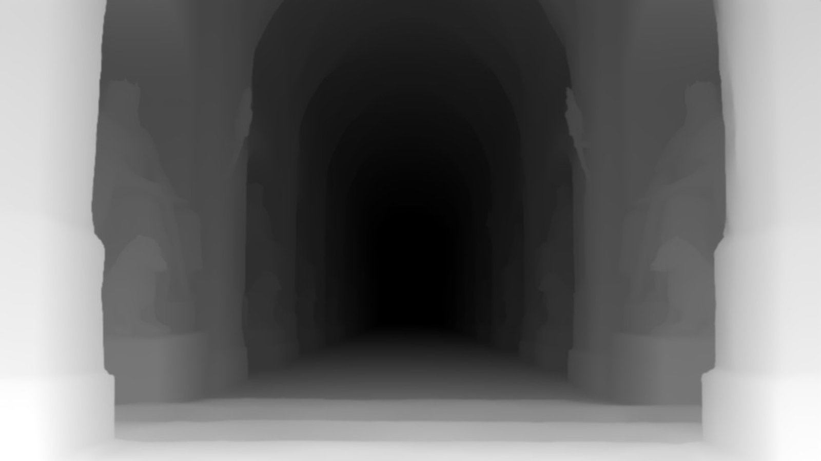 The depth map of the crypts plate: the near pillars bright, the passage receding to black.