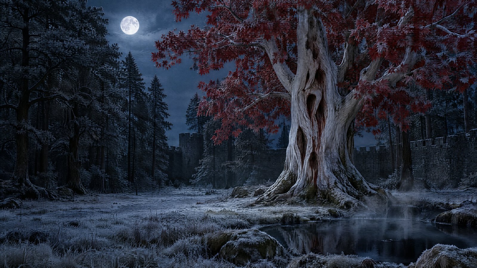 The godswood plate: a bone-white weirwood with red leaves beside a dark steaming pool under a full moon, frost on everything.