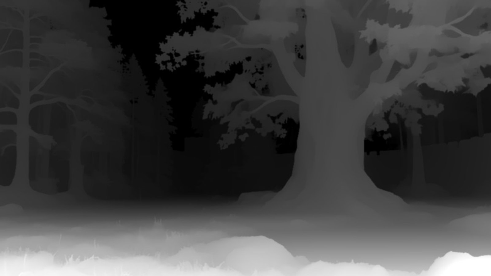 The depth map of the godswood plate: the tree bright and near, the forest and sky falling to black.