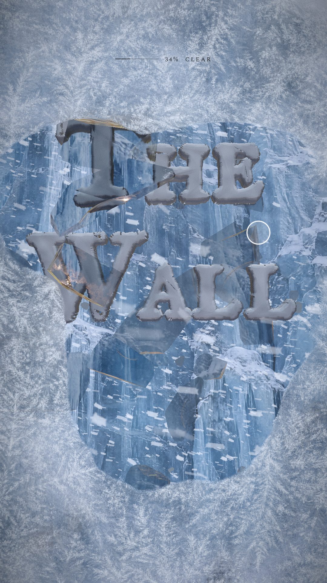 The Wall mid-wipe on a phone: frost ferns cover the glass except for a cleared sweep where the blue ice wall shows through.