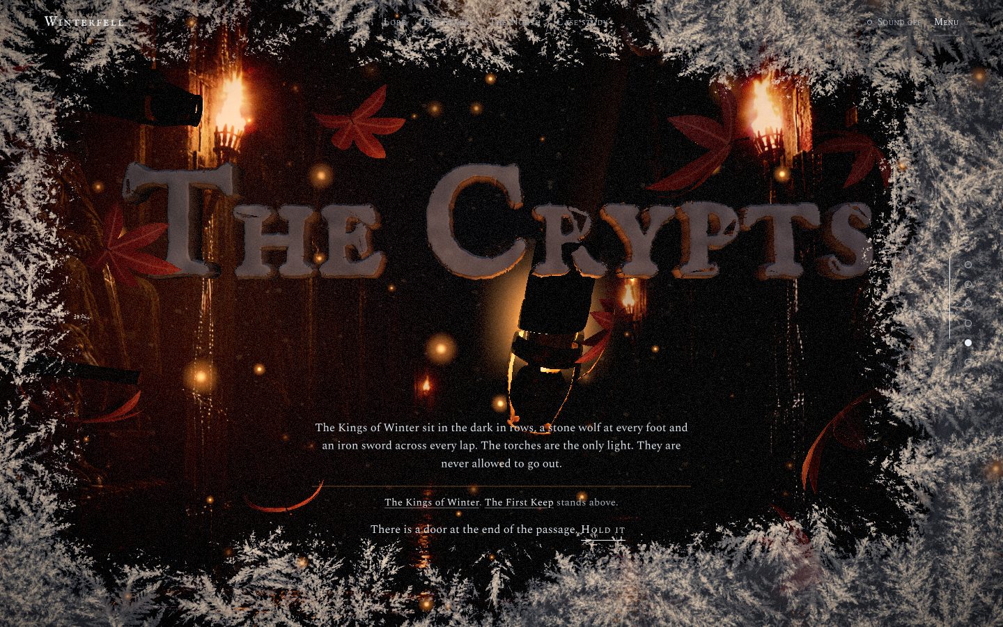 The crypts in the dark: THE CRYPTS lit warm from below by a torch turning through the letters, red leaves falling in the torchlight.