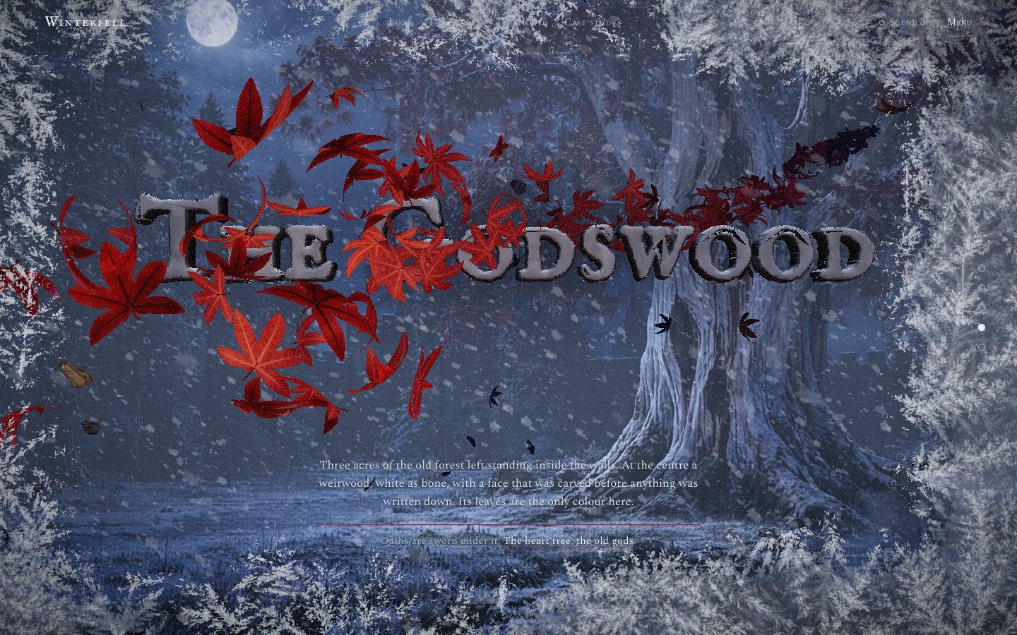 The godswood under a full moon: crimson leaves blow through THE GODSWOOD carved in pale stone, the white heart tree behind.