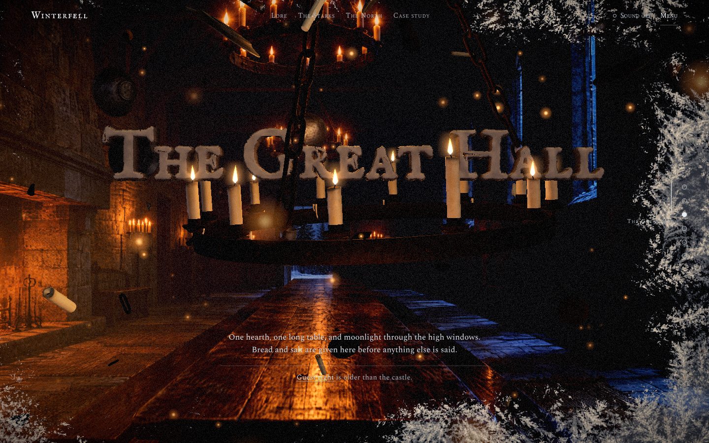 The Great Hall by candlelight: THE GREAT HALL carved in warm stone, an iron chandelier ring swinging through it with twelve lit candles.