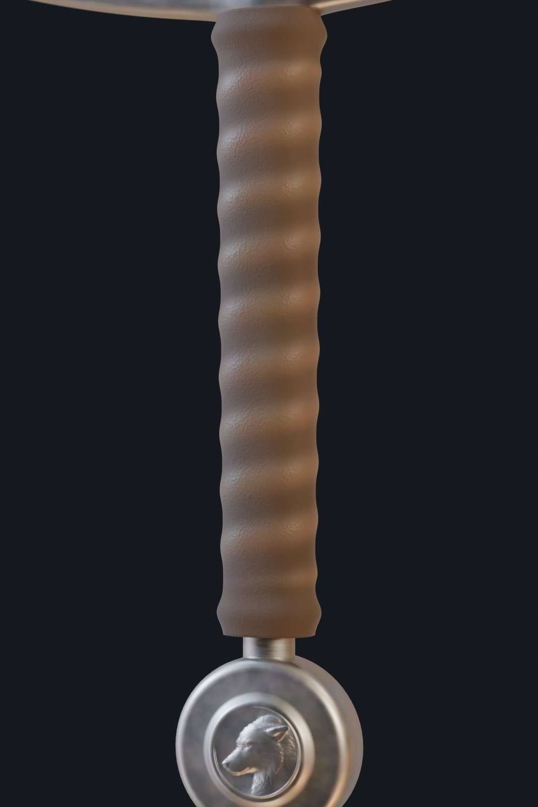 The cross and the grip: planished steel with faint hammer dimples, leather wrapped in a spiral.
