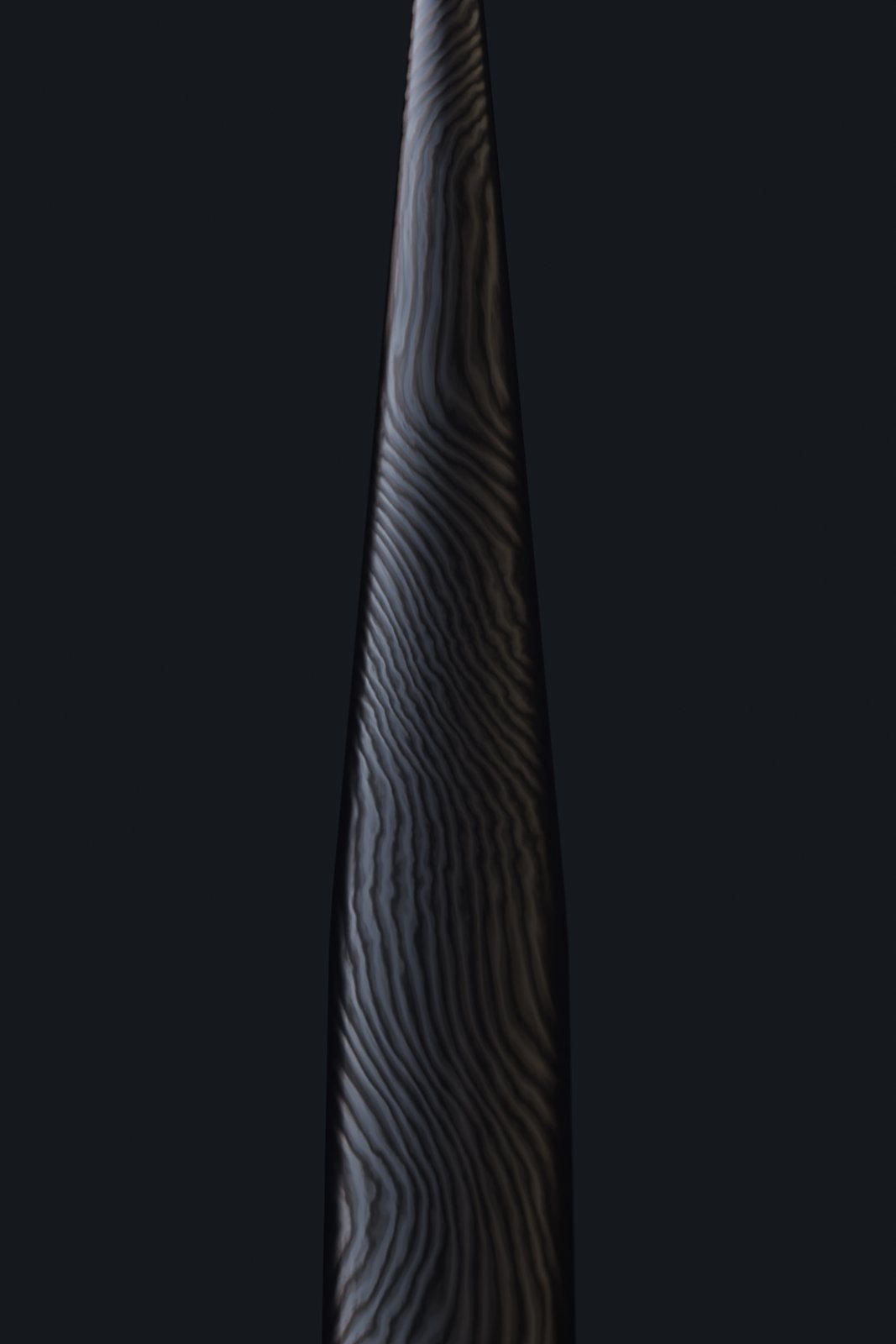 Close on the point: the folded-steel banding runs along the blade and tightens toward the edge.