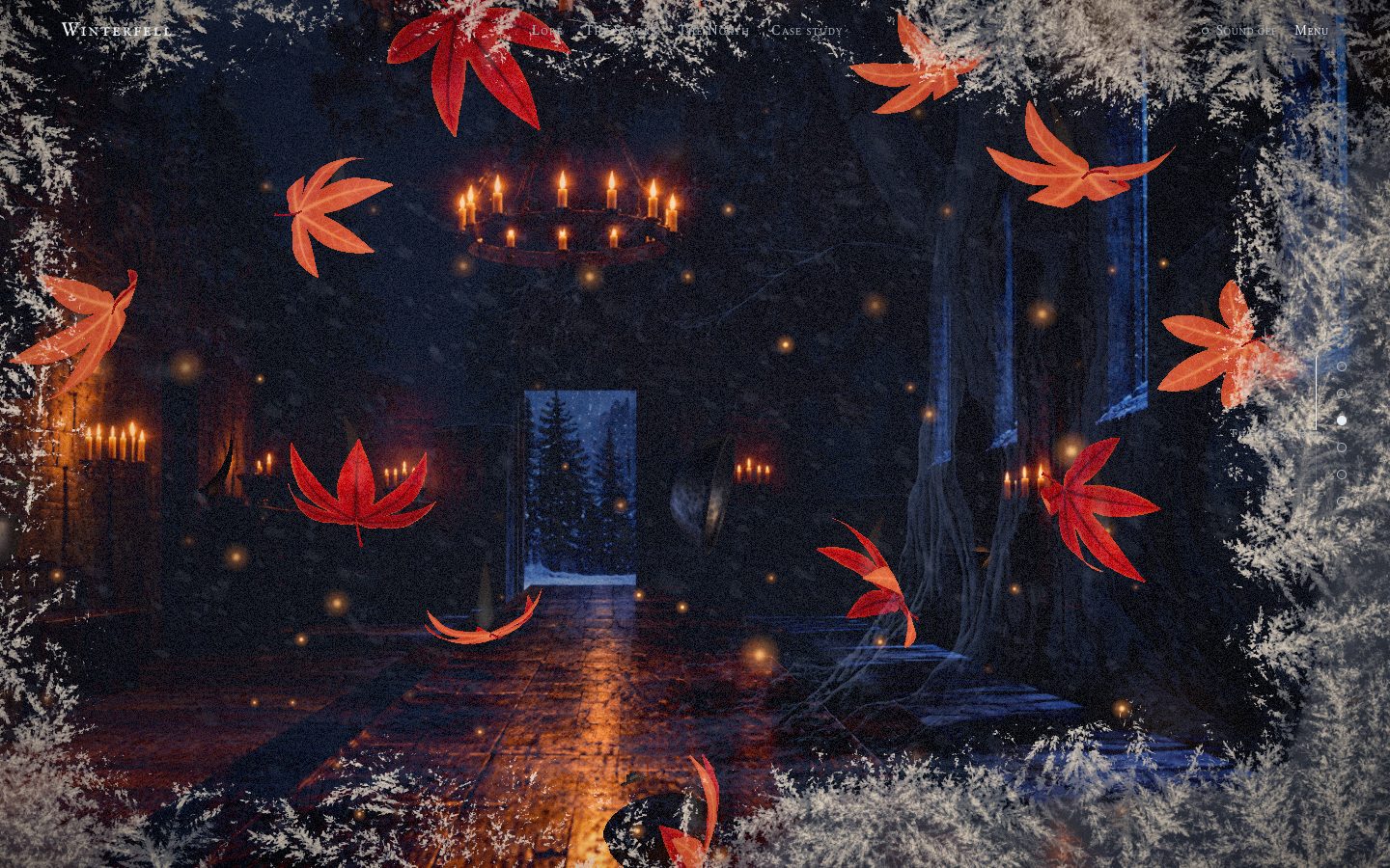 The hall behind the lens: twelve leaves glowing ember red swirl in front of the camera, the chandelier small behind them.
