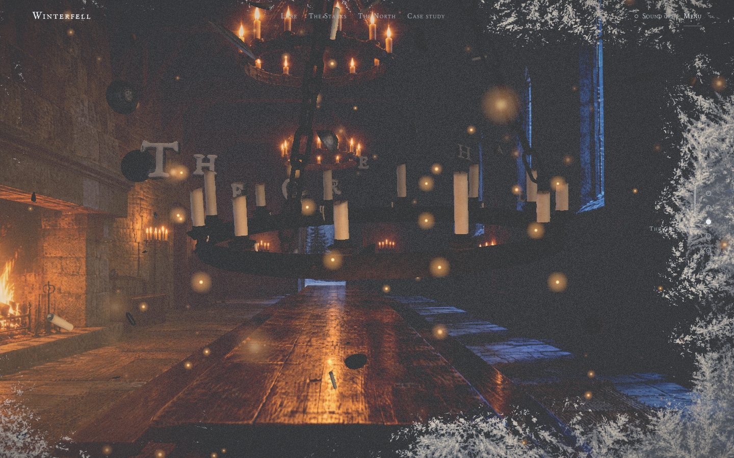 The hall just after the whiteout: sparks flying in toward the chandelier's candles as the carved letters assemble.